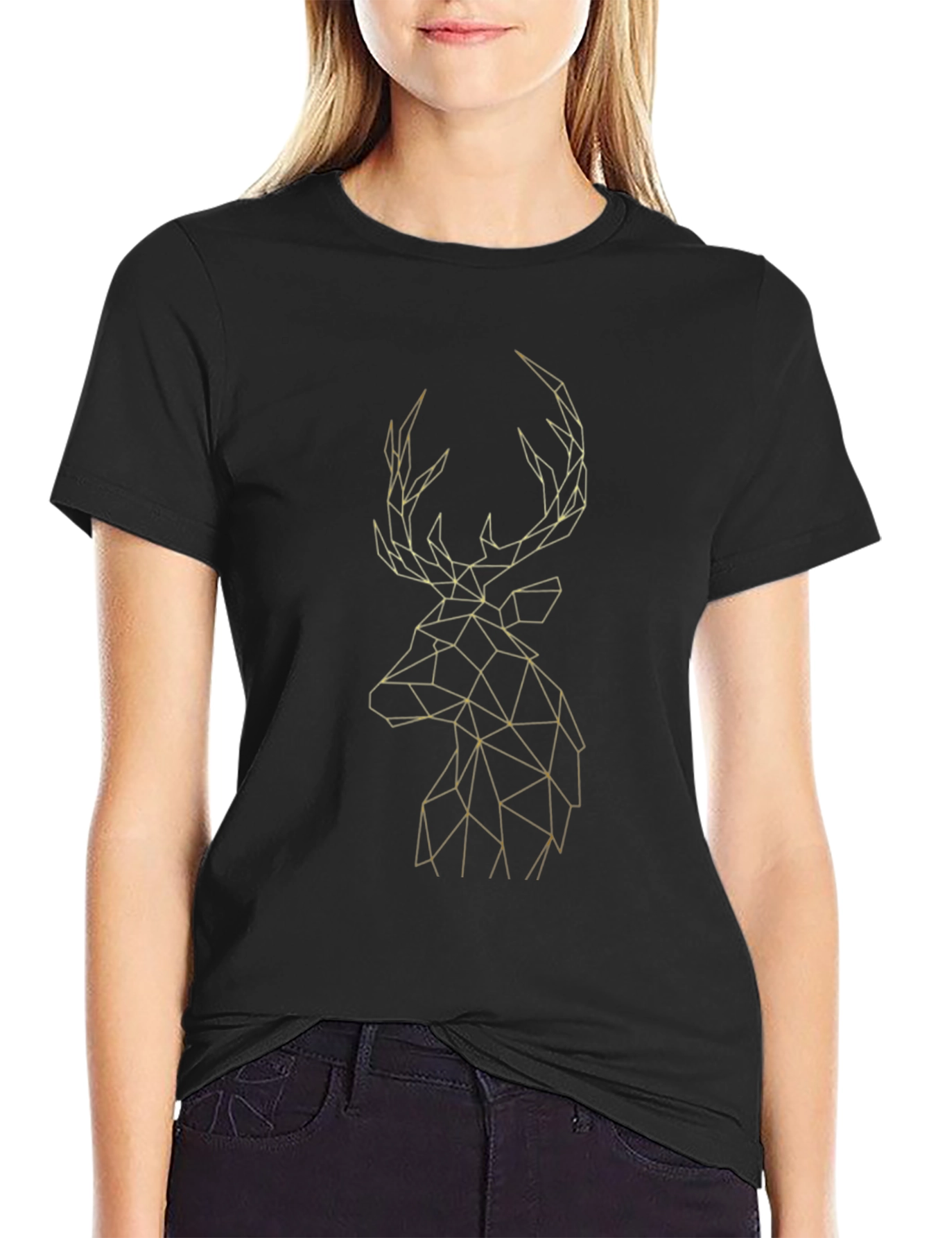 Geometric Deer Graphic Black T-Shirt