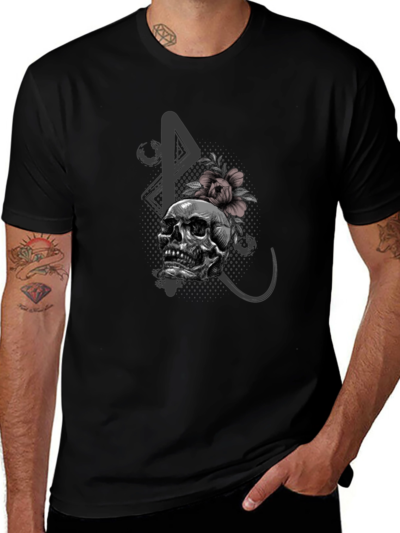 Skull and Flower Graphic Print Black T-Shirt