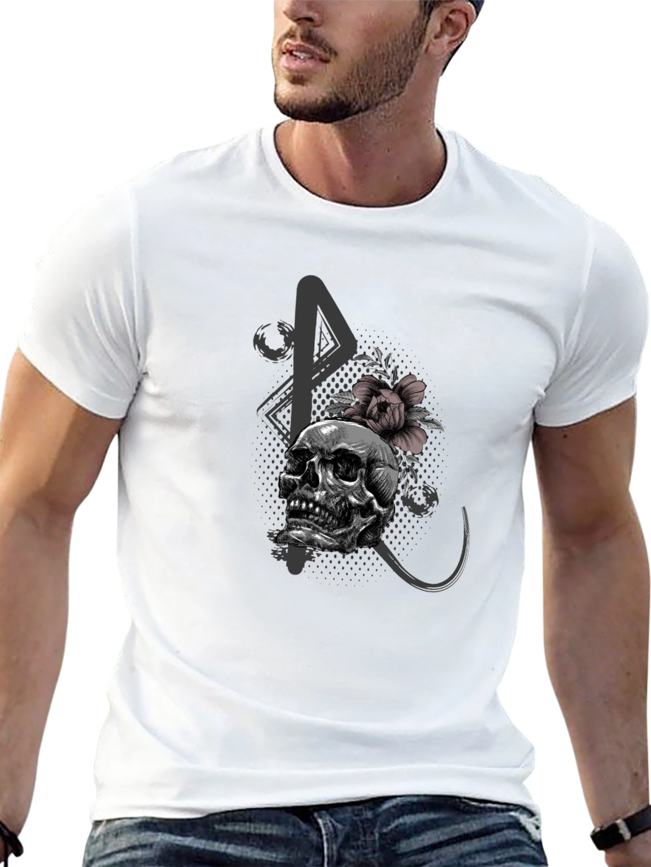 Skull and Flower Graphic Print Black T-Shirt
