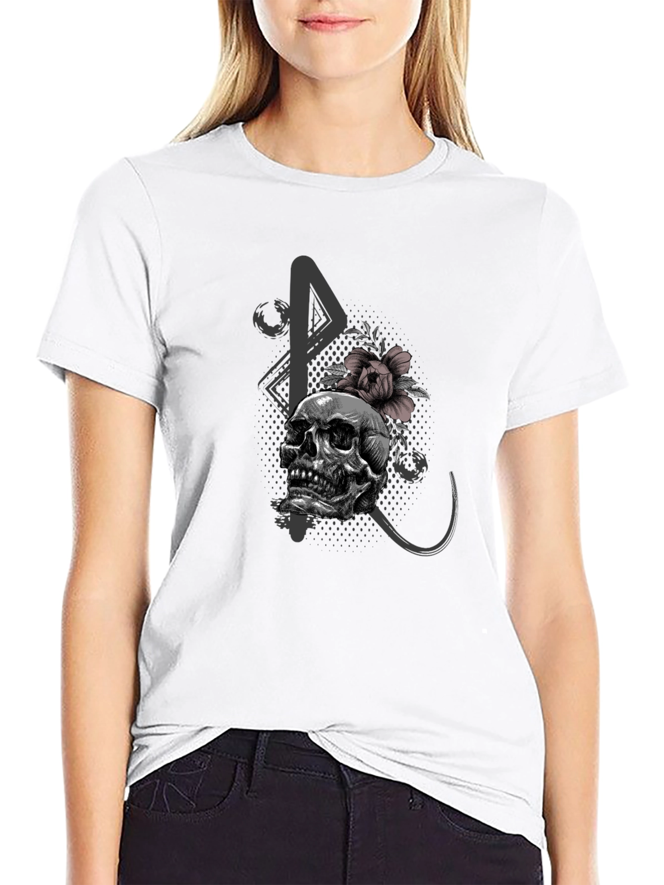 Skull and Flower Graphic Print Black T-Shirt