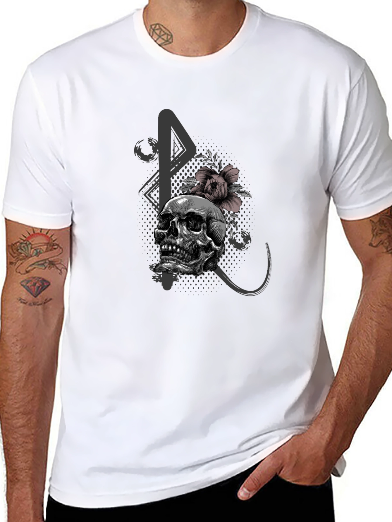 Skull and Flower Graphic Print Black T-Shirt