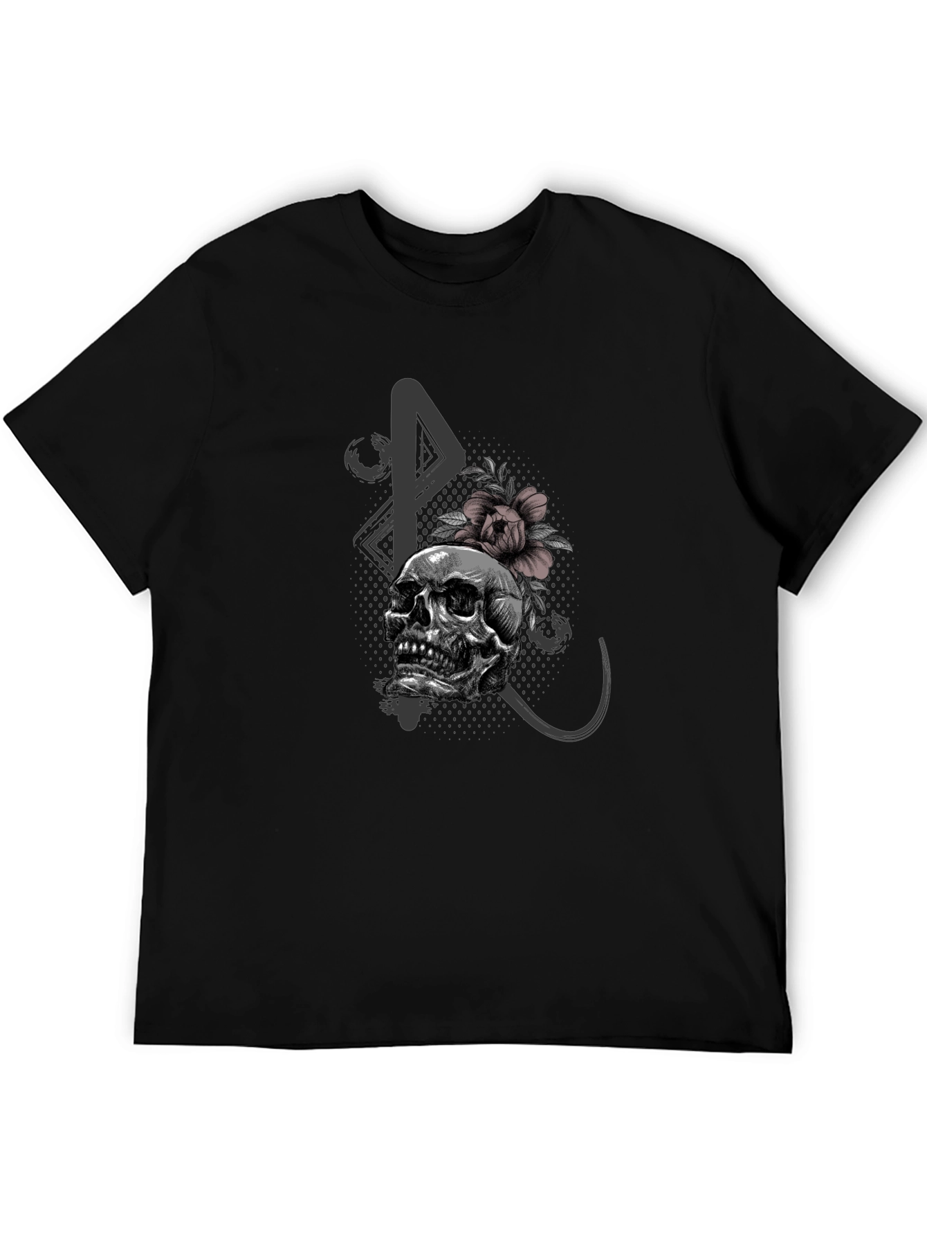 Skull and Flower Graphic Print Black T-Shirt