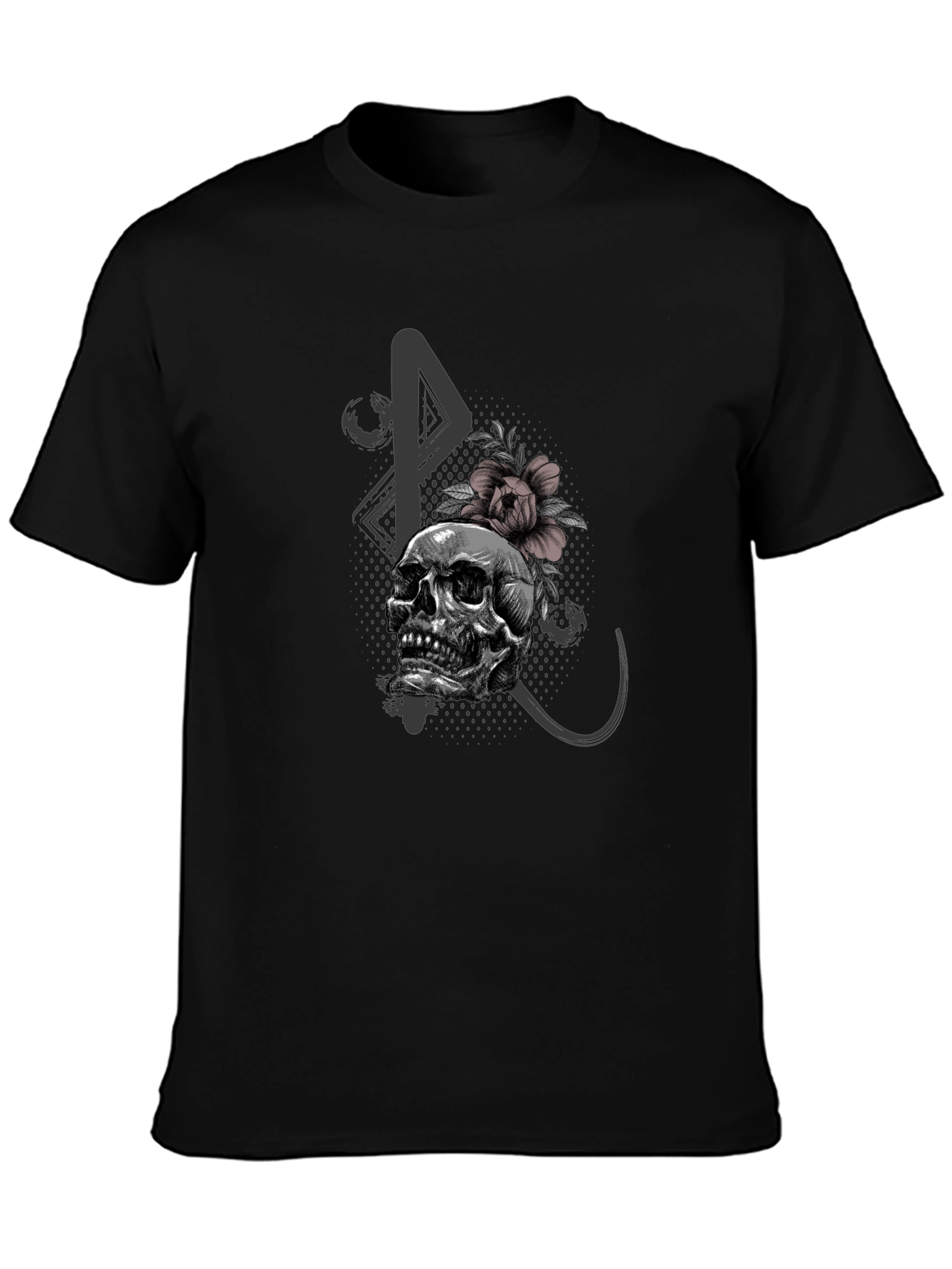 Skull and Flower Graphic Print Black T-Shirt