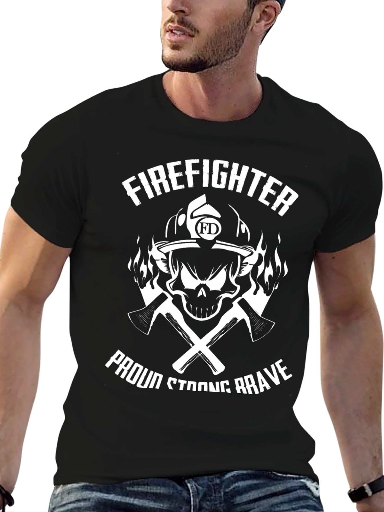 Firefighter Skull Graphic T-Shirt - Proud Strong Brave