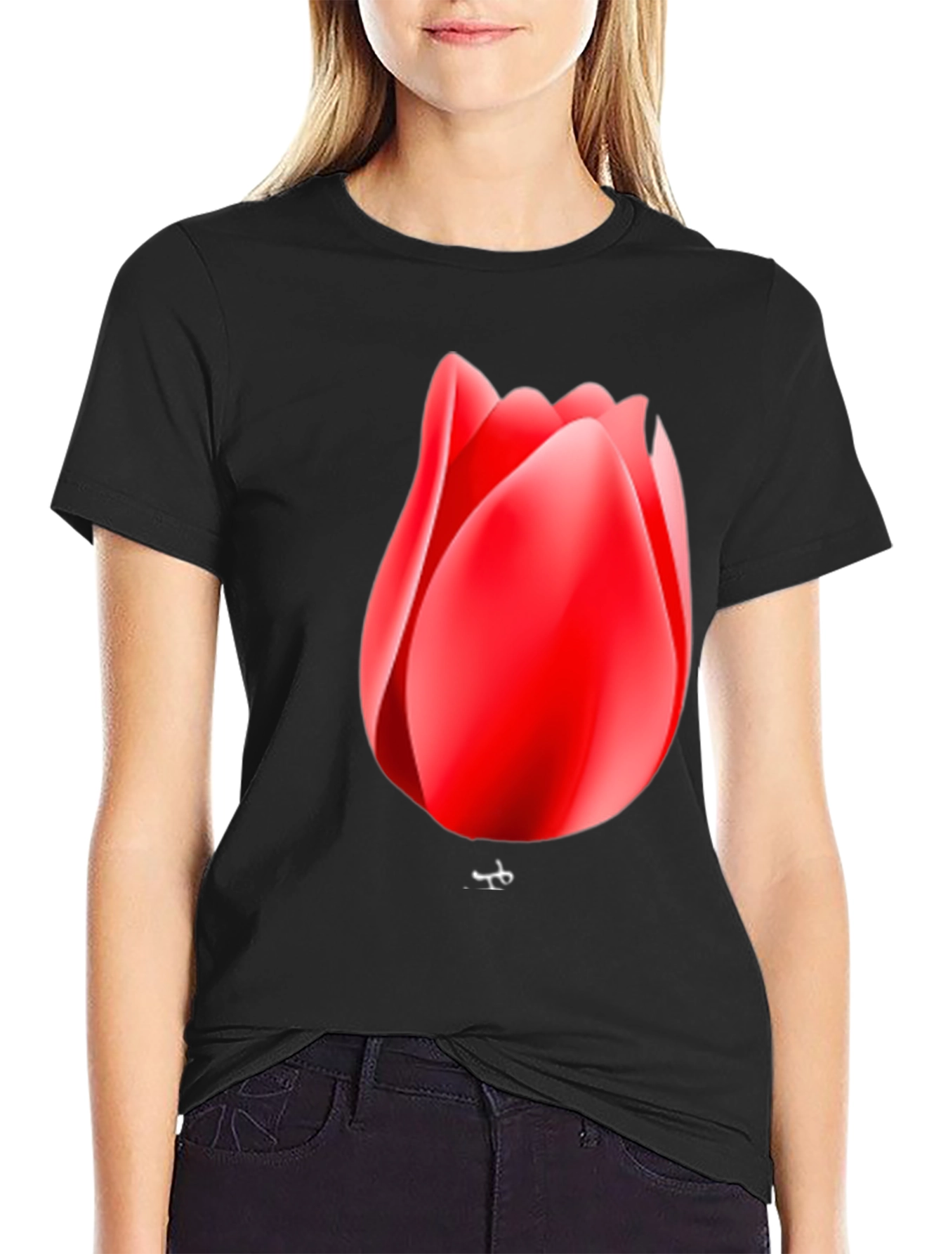 Red Tulip Graphic Black T-Shirt
