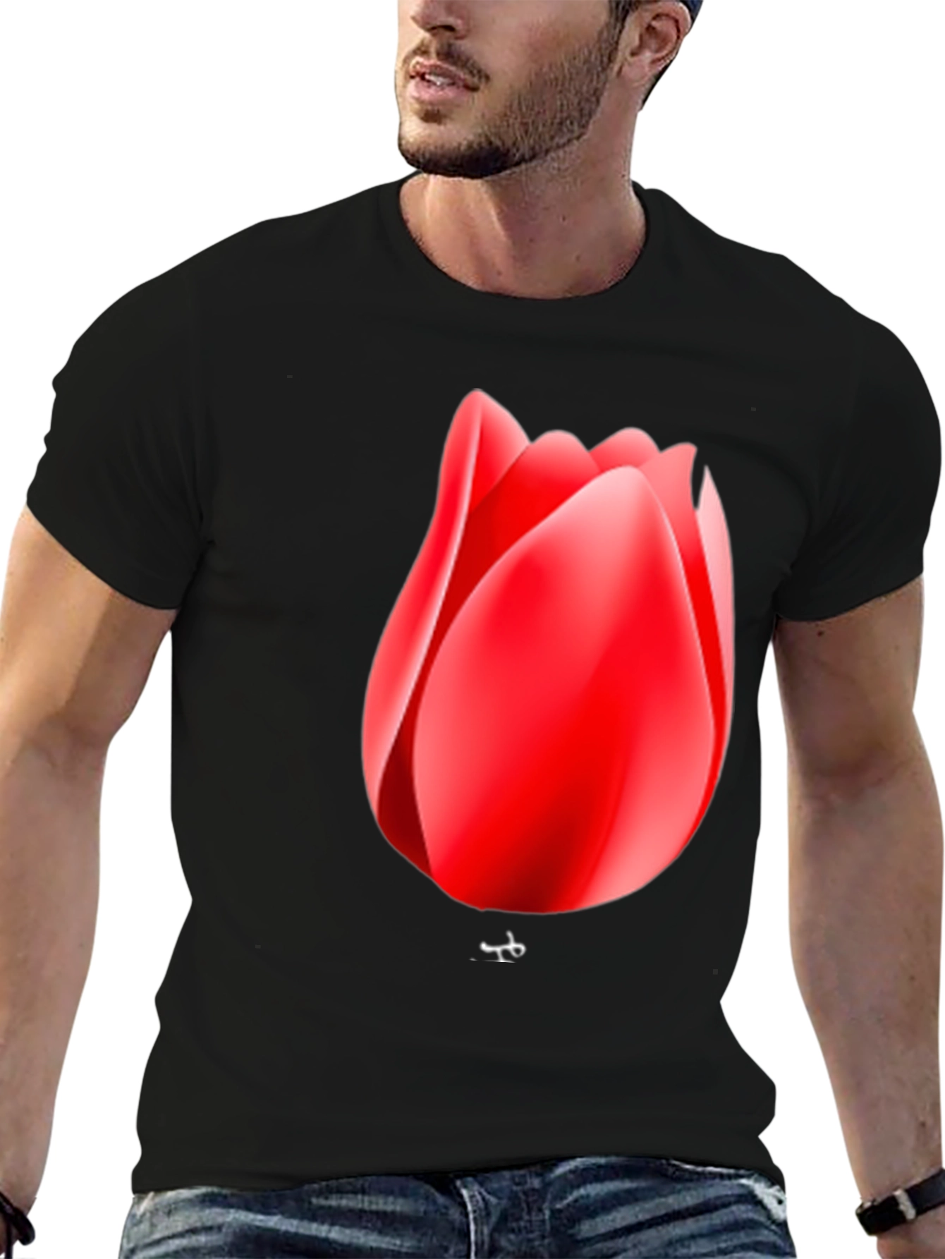 Red Tulip Graphic Black T-Shirt