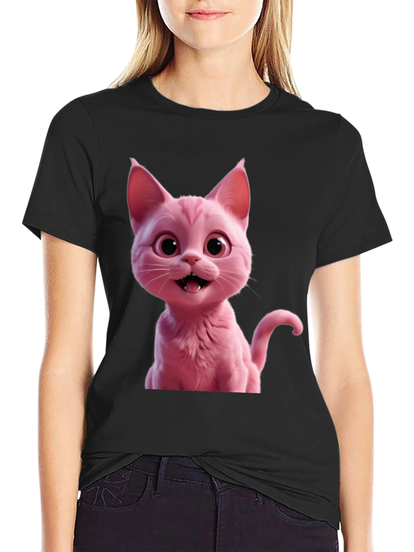 Pink Cat Graphic Tee - Black Unisex T-Shirt