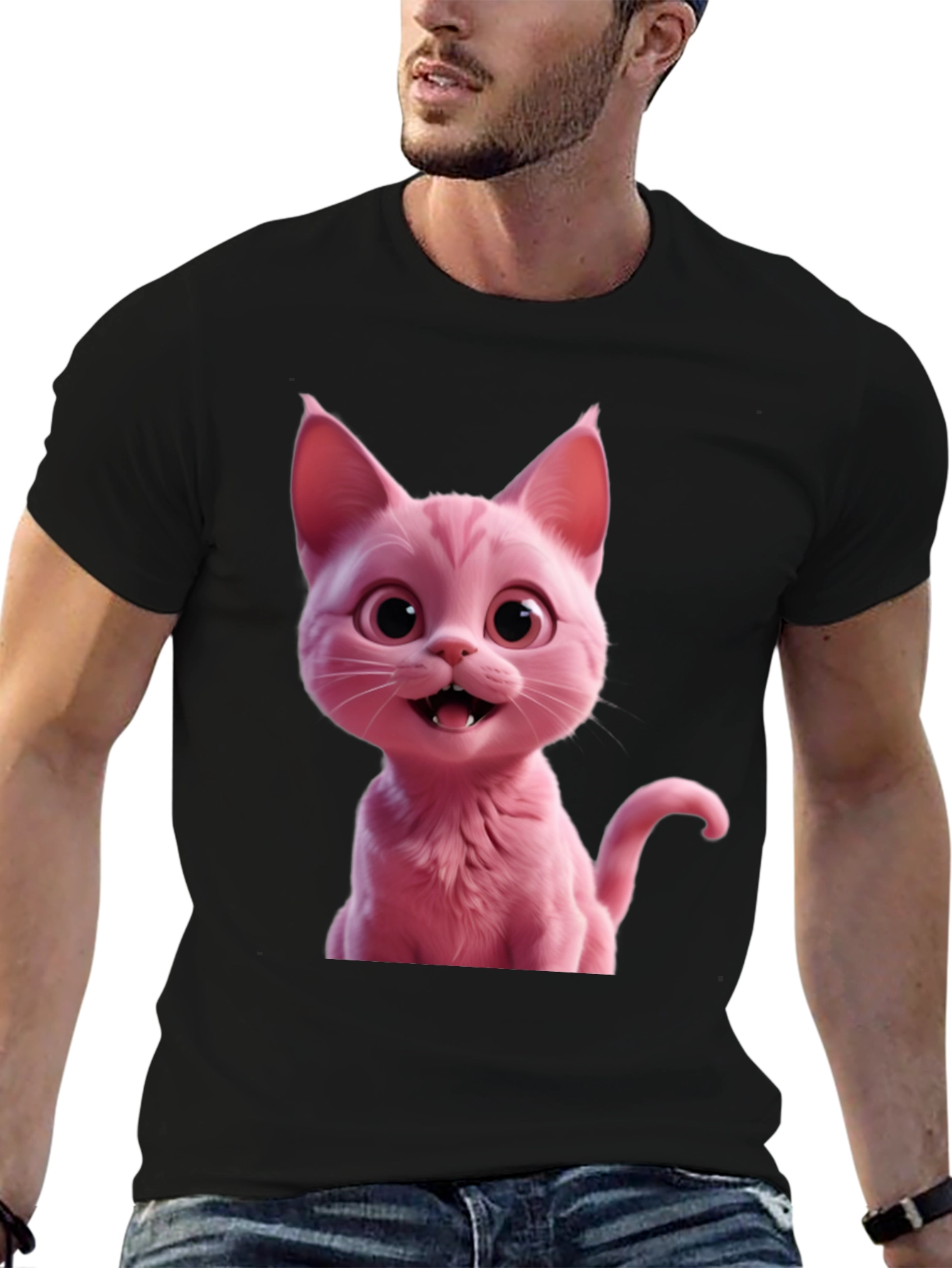 Pink Cat Graphic Tee - Black Unisex T-Shirt