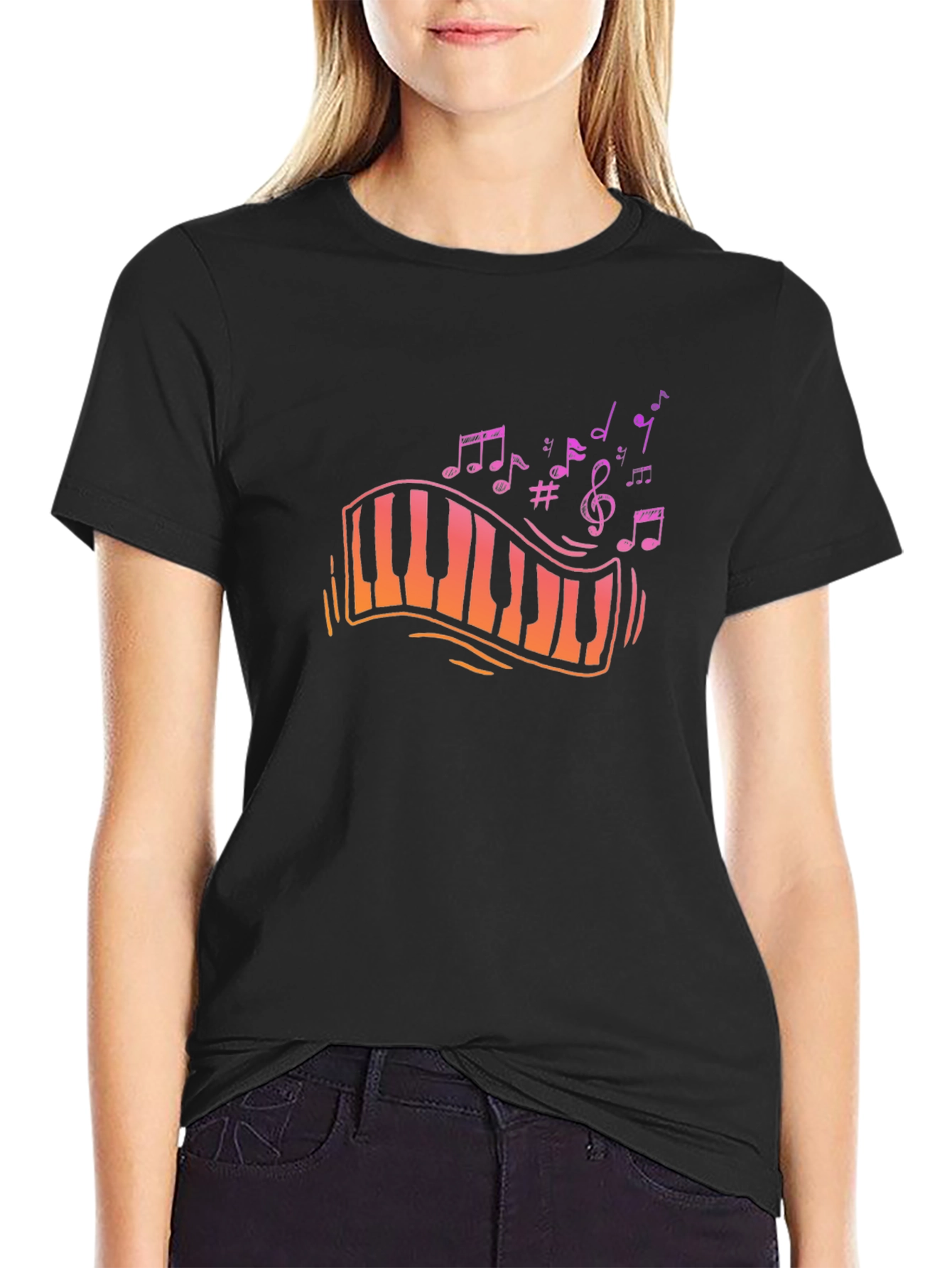 Musical Piano Key Design Black T-Shirt