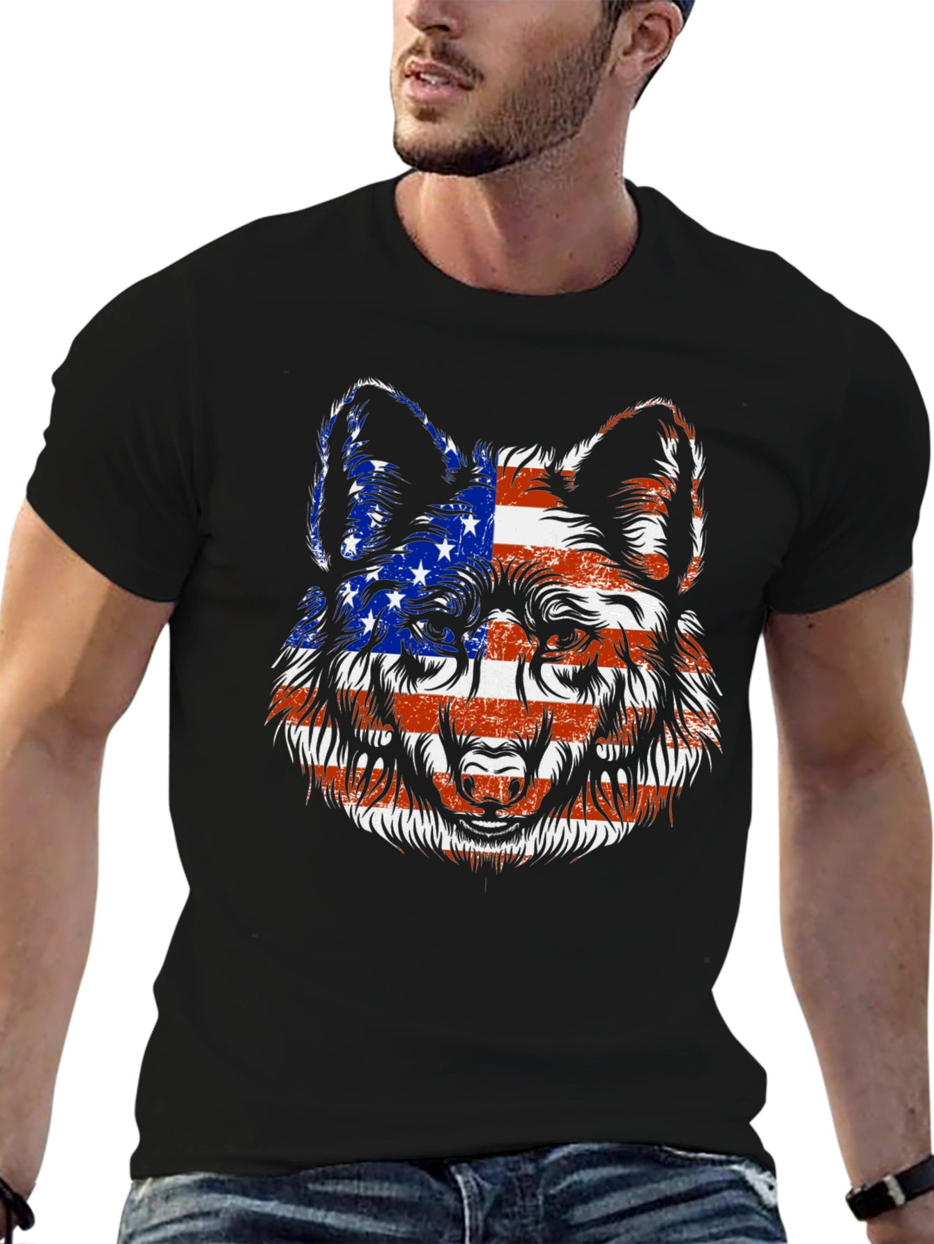 American Flag Wolf Graphic T-Shirt