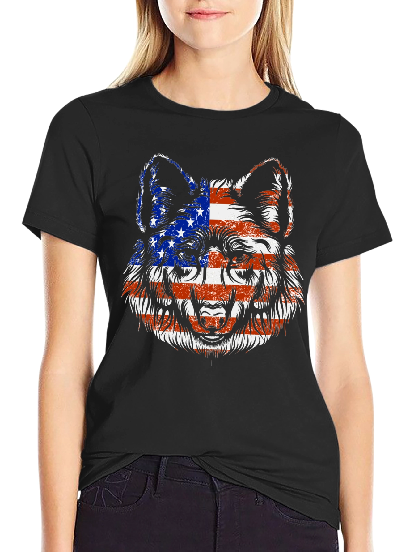 American Flag Wolf Graphic T-Shirt