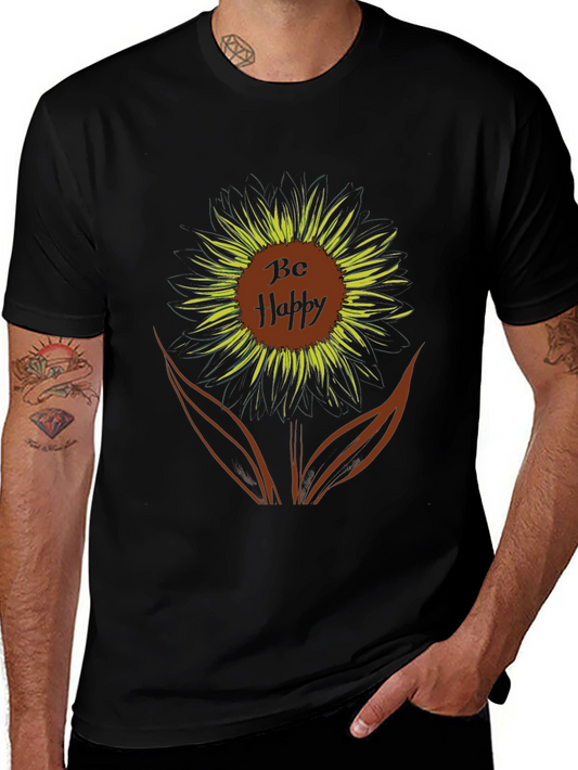 Be Happy Sunflower Graphic Tee - Black Casual T-Shirt
