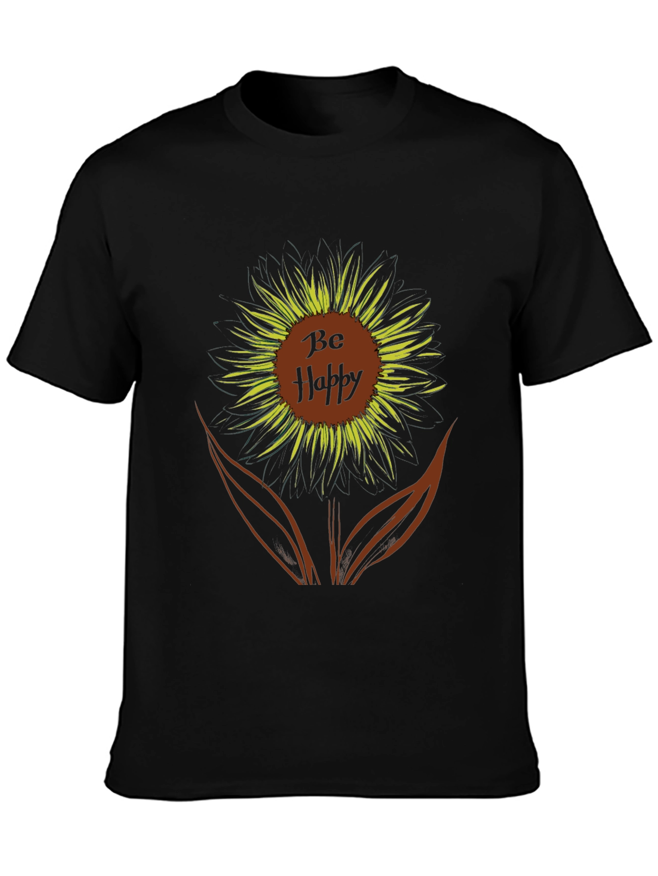 Be Happy Sunflower Graphic Tee - Black Casual T-Shirt
