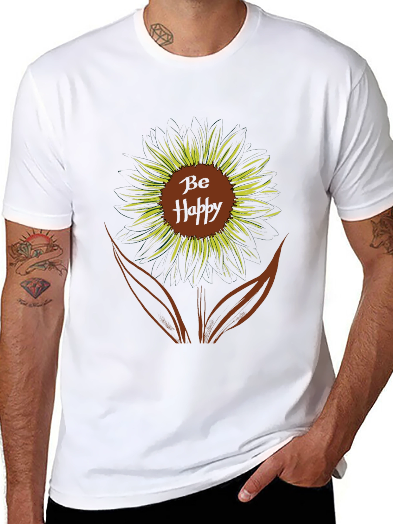 Be Happy Sunflower Graphic Tee - Black Casual T-Shirt