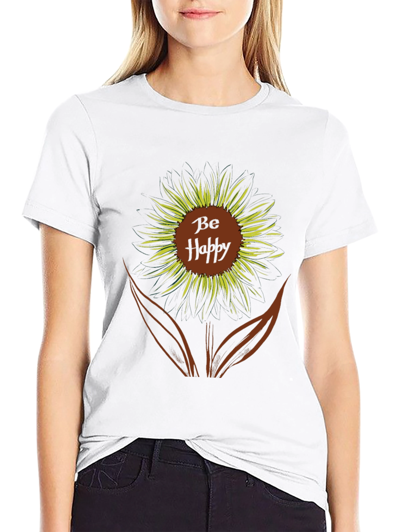 Be Happy Sunflower Graphic Tee - Black Casual T-Shirt