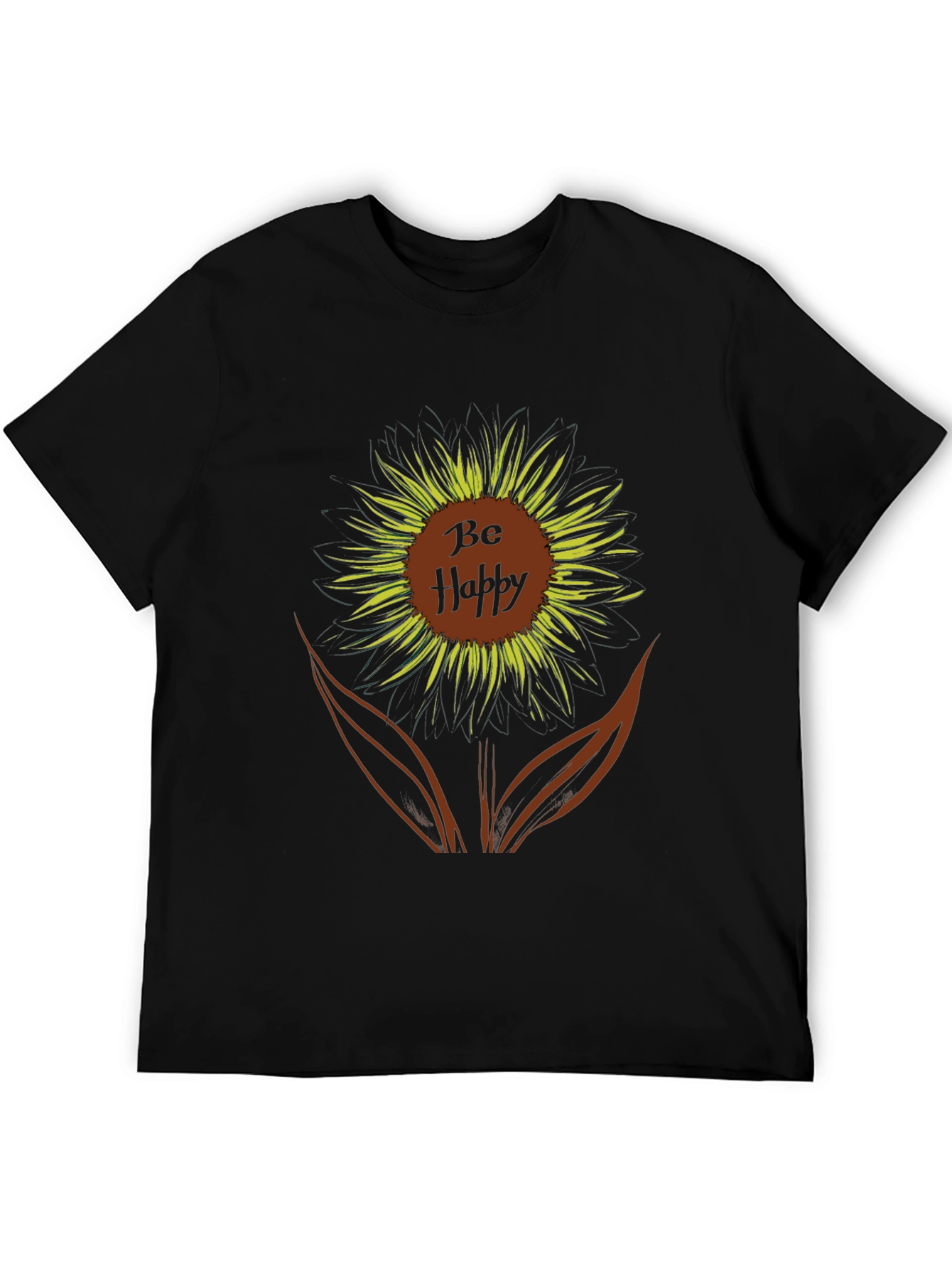 Be Happy Sunflower Graphic Tee - Black Casual T-Shirt