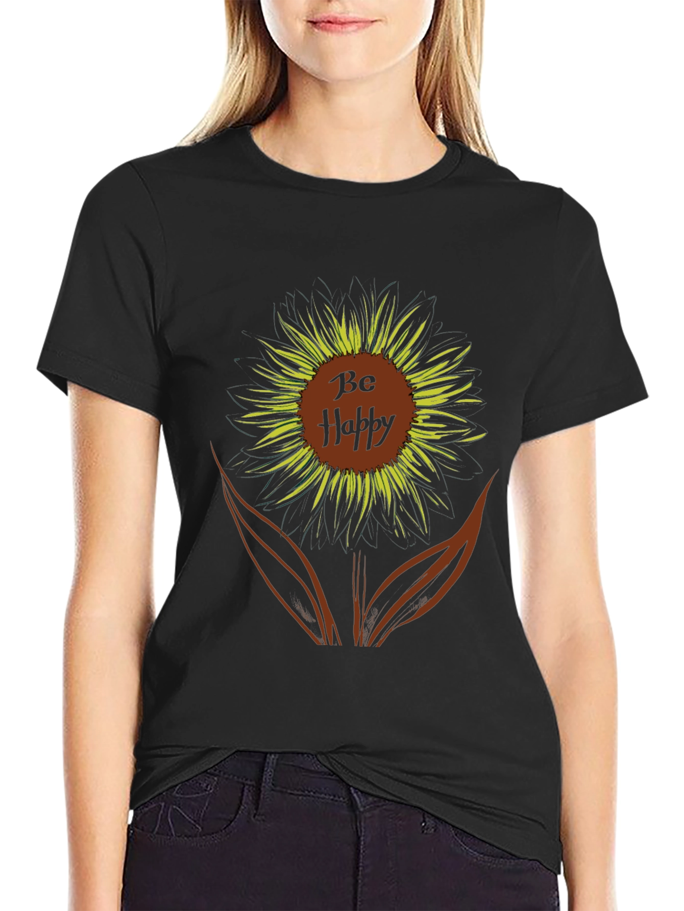 Be Happy Sunflower Graphic Tee - Black Casual T-Shirt