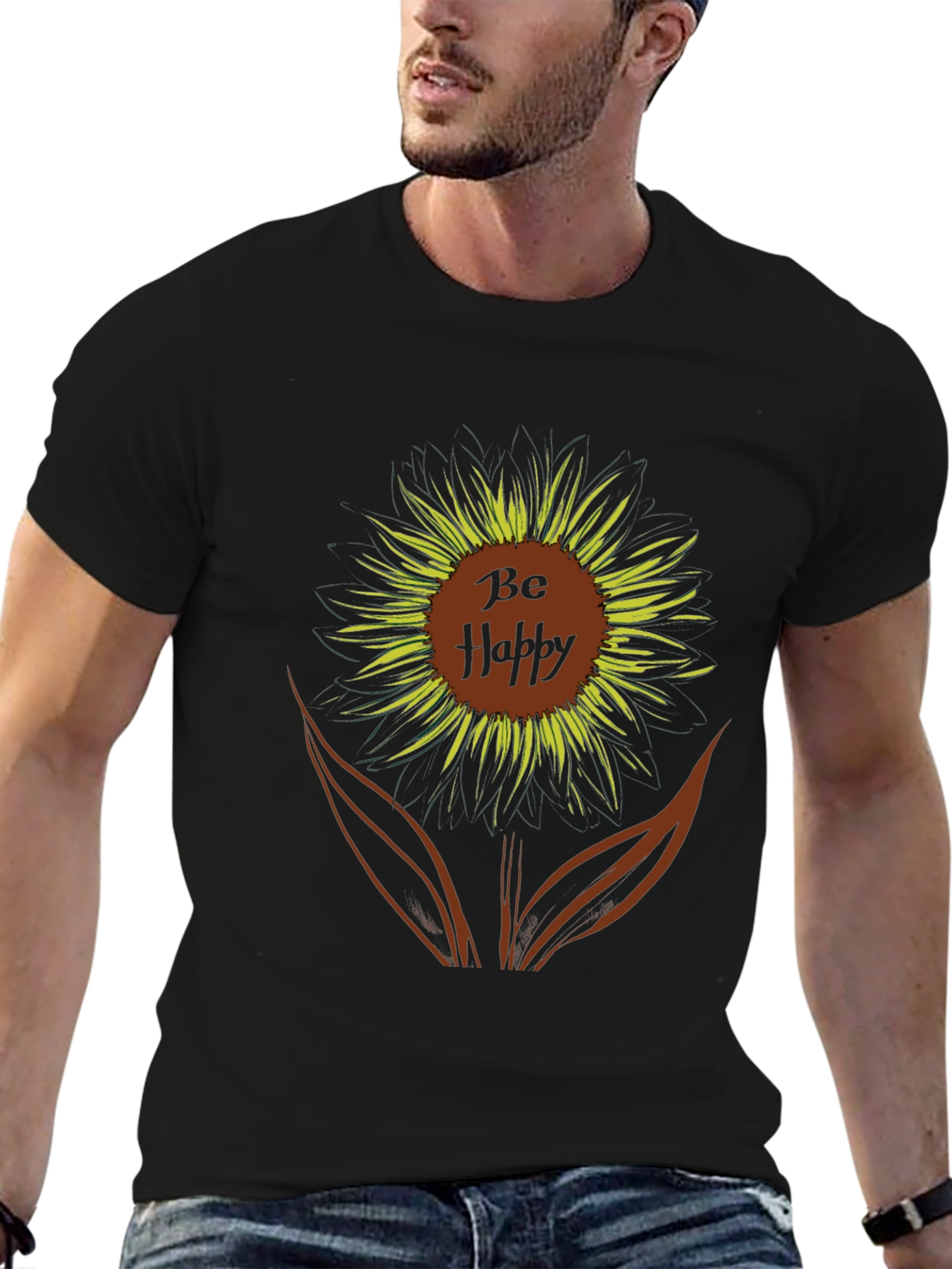 Be Happy Sunflower Graphic Tee - Black Casual T-Shirt