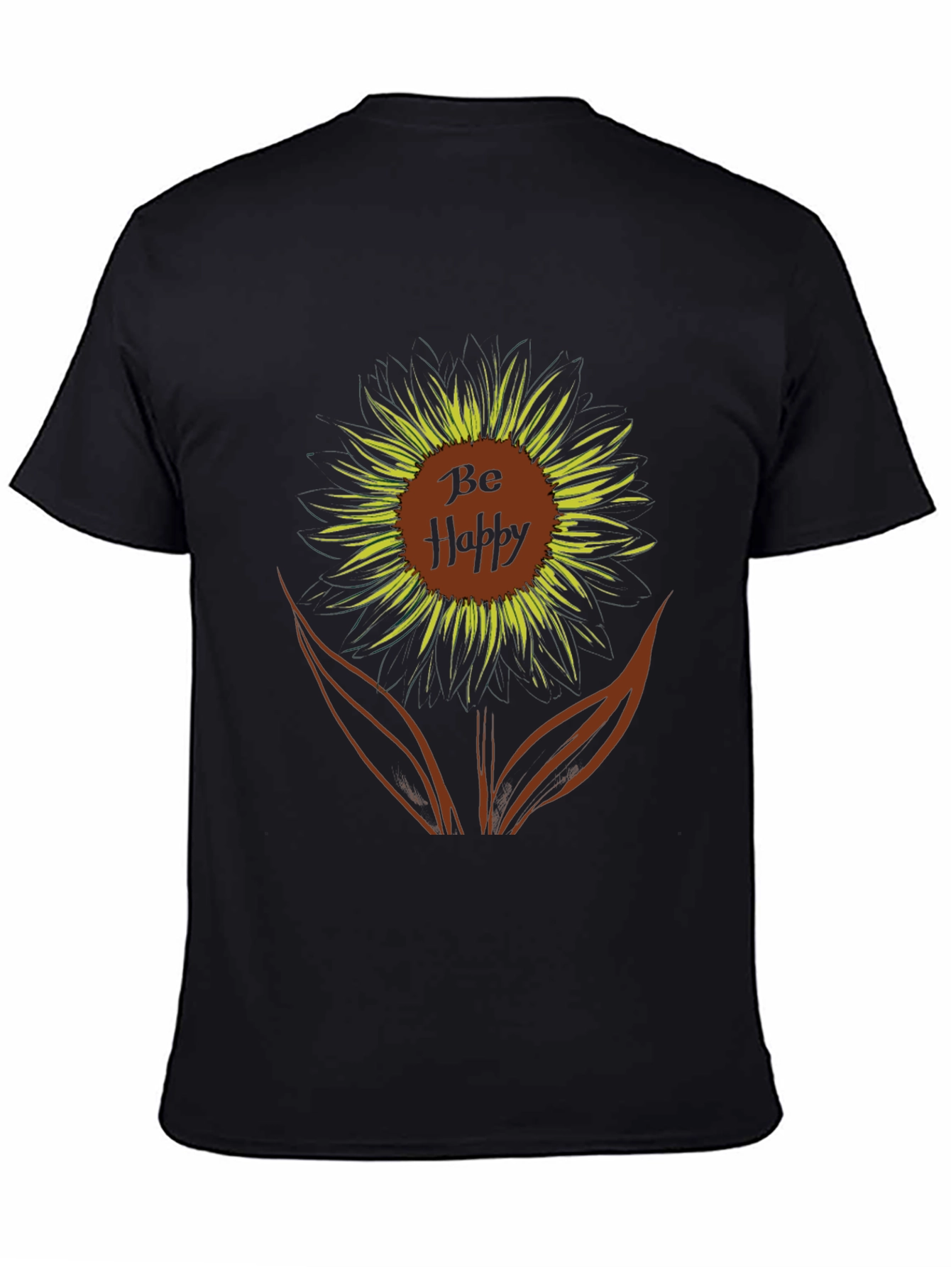Be Happy Sunflower Graphic Tee - Black Casual T-Shirt