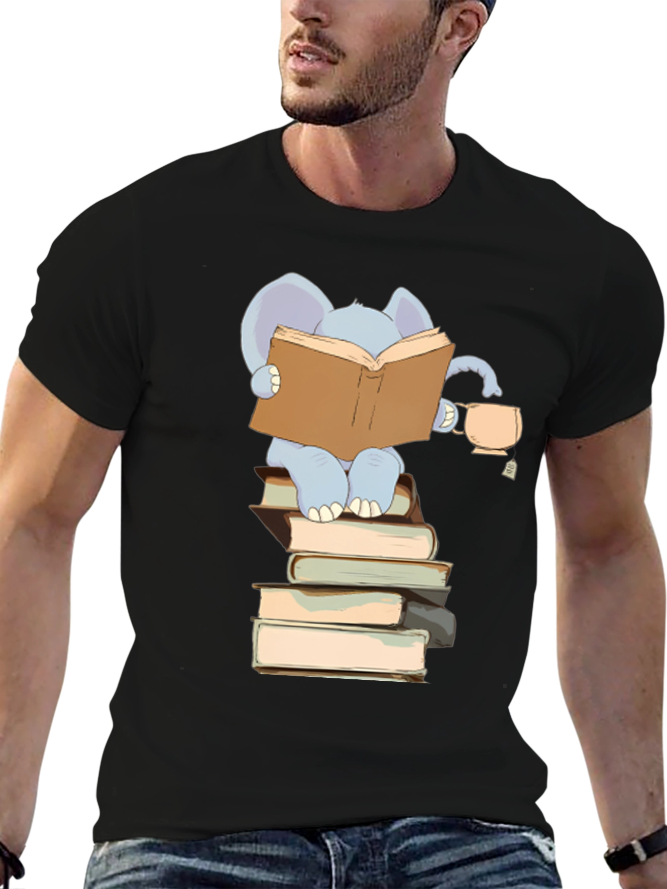 Elephant Reading Books T-Shirt - Black