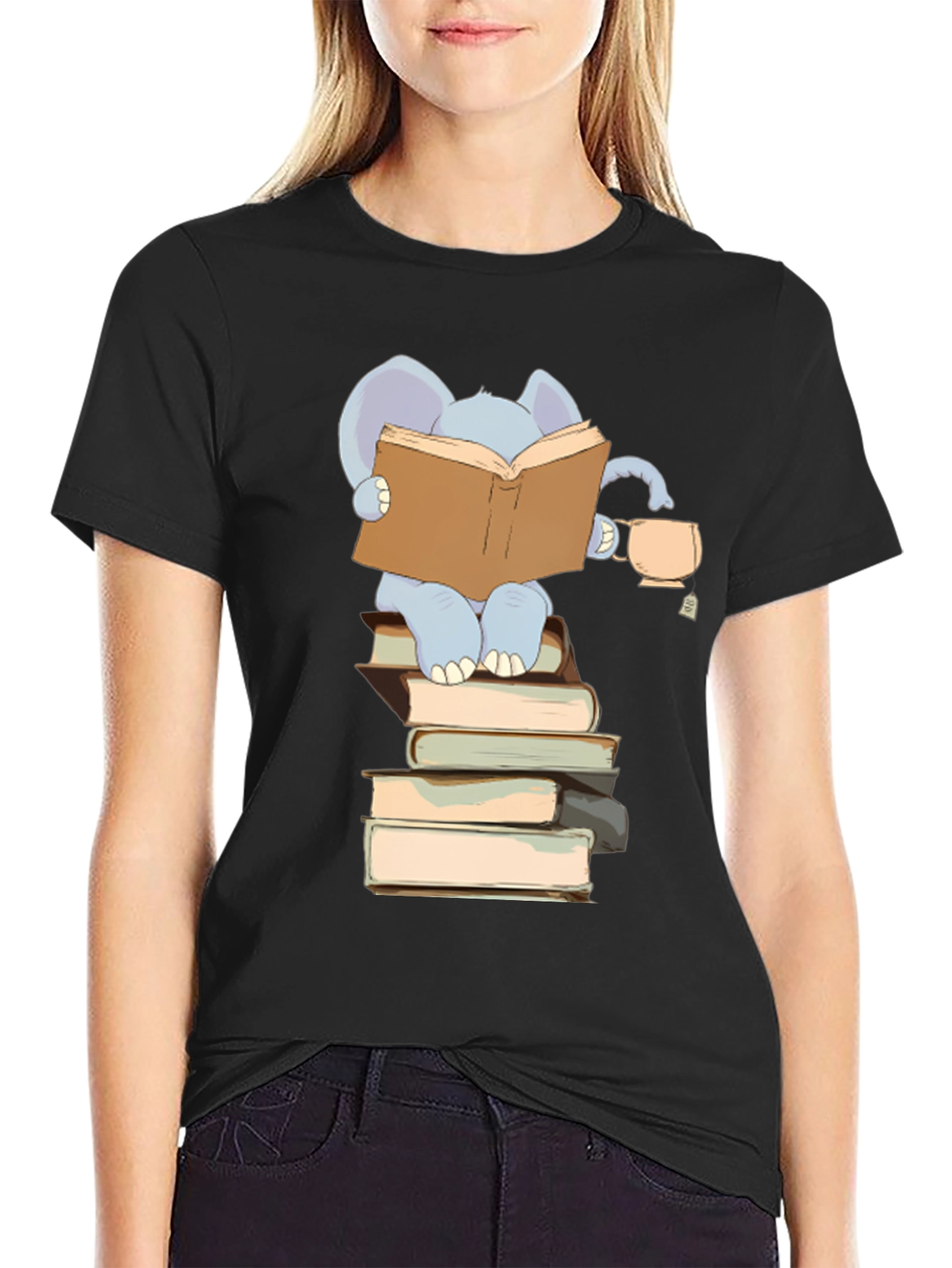 Elephant Reading Books T-Shirt - Black