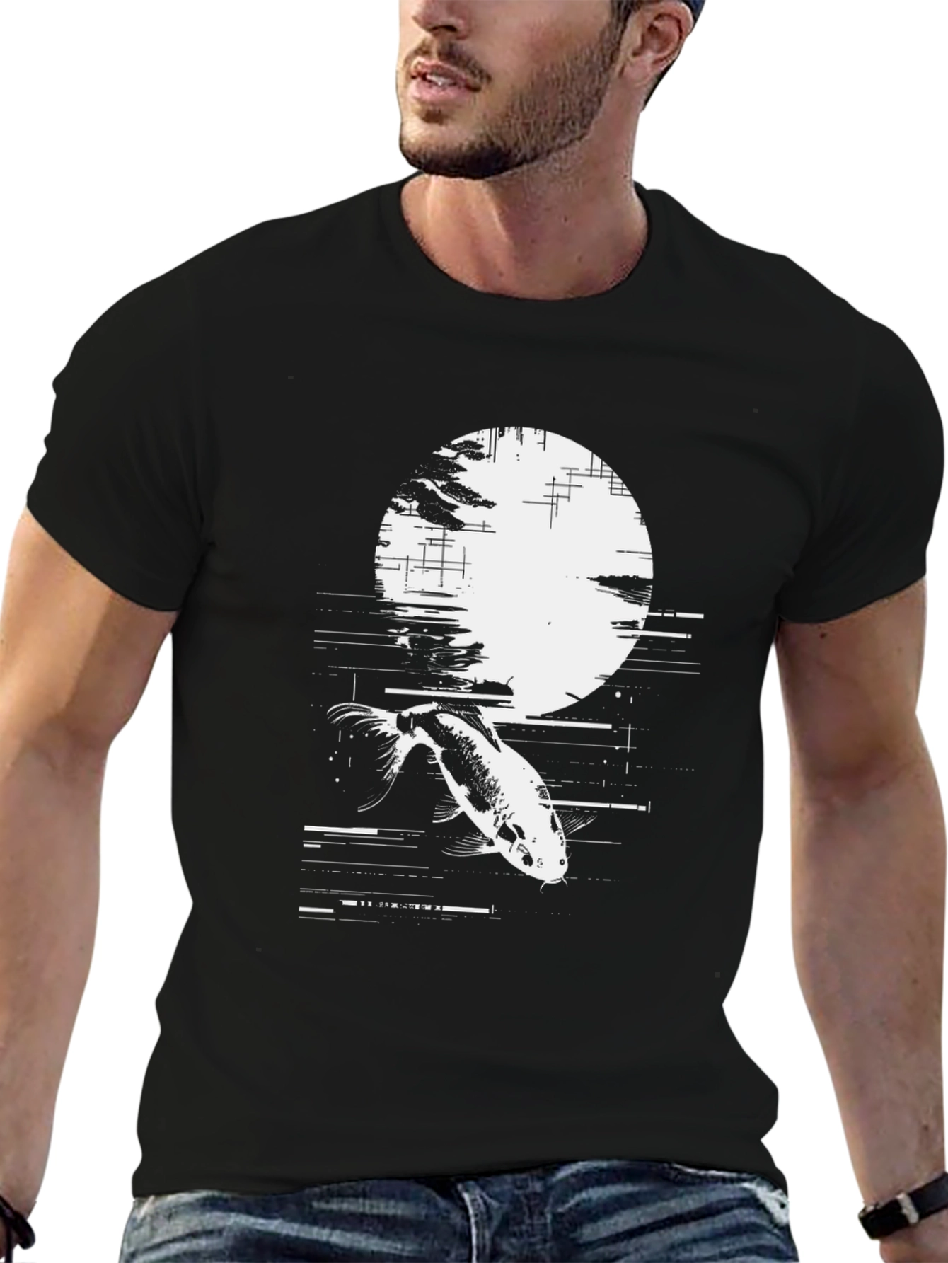 Koi Fish Moon Graphic Black T-Shirt