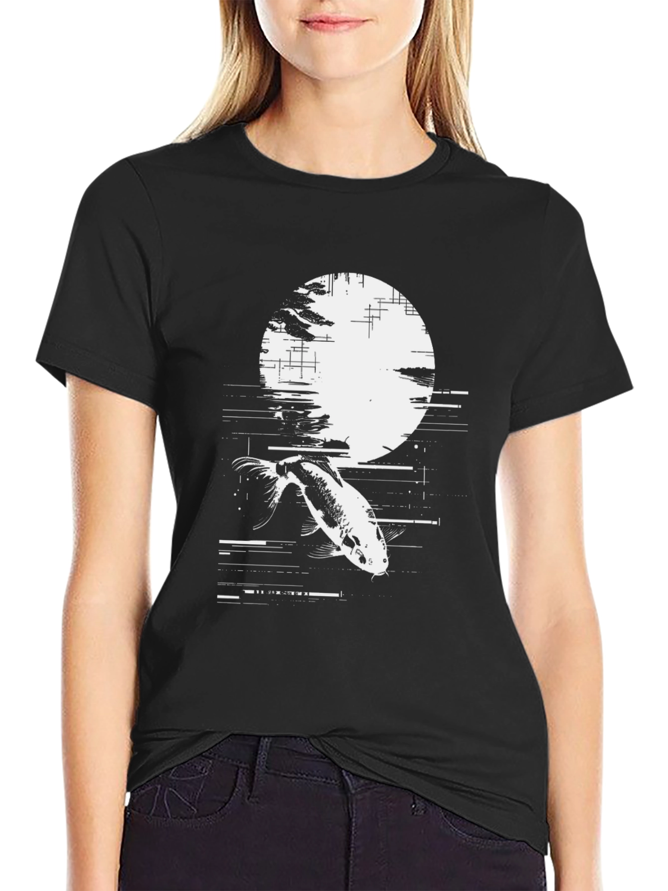 Koi Fish Moon Graphic Black T-Shirt