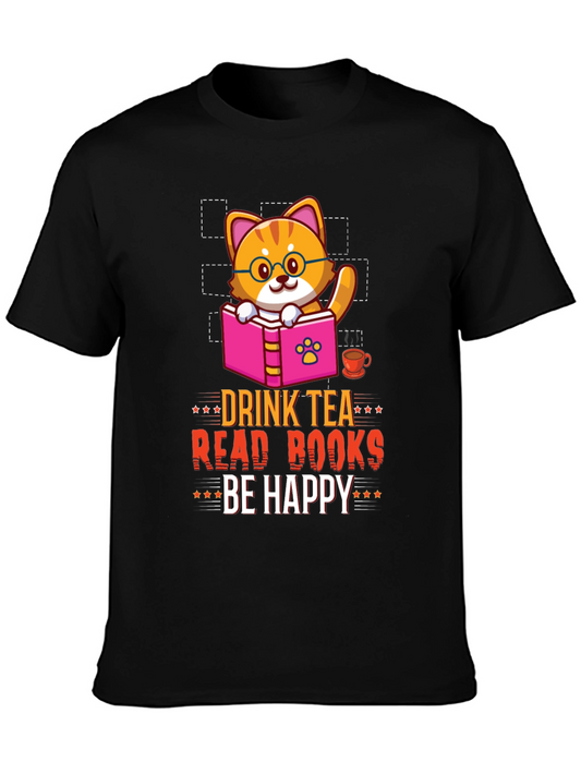 Drink Tea Read Books Be Happy Cat T-Shirt