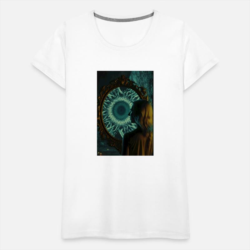 A woman standing in front of a large mirror