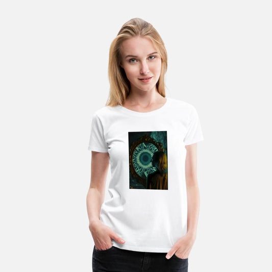 A woman standing in front of a large mirror