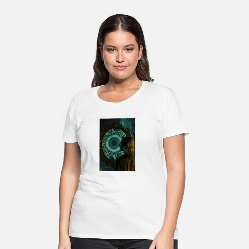 A woman standing in front of a large mirror