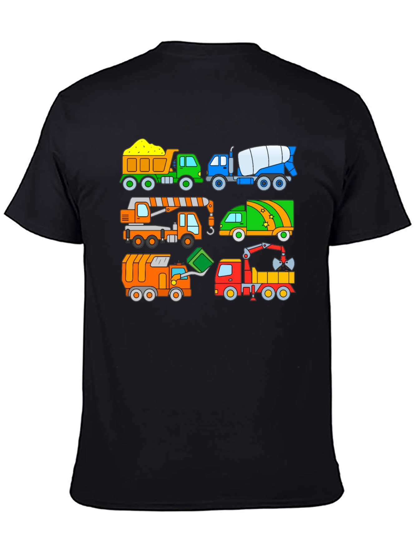 Cartoon Construction Trucks Black T-Shirt