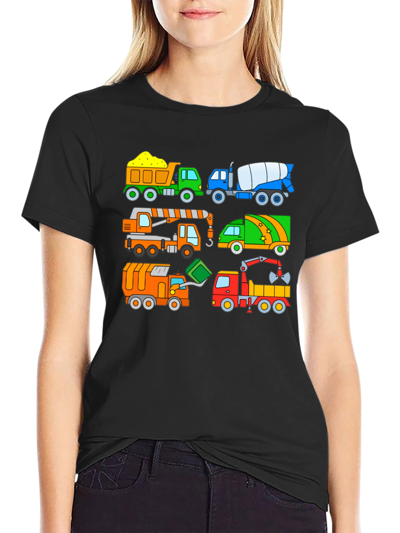 Cartoon Construction Trucks Black T-Shirt