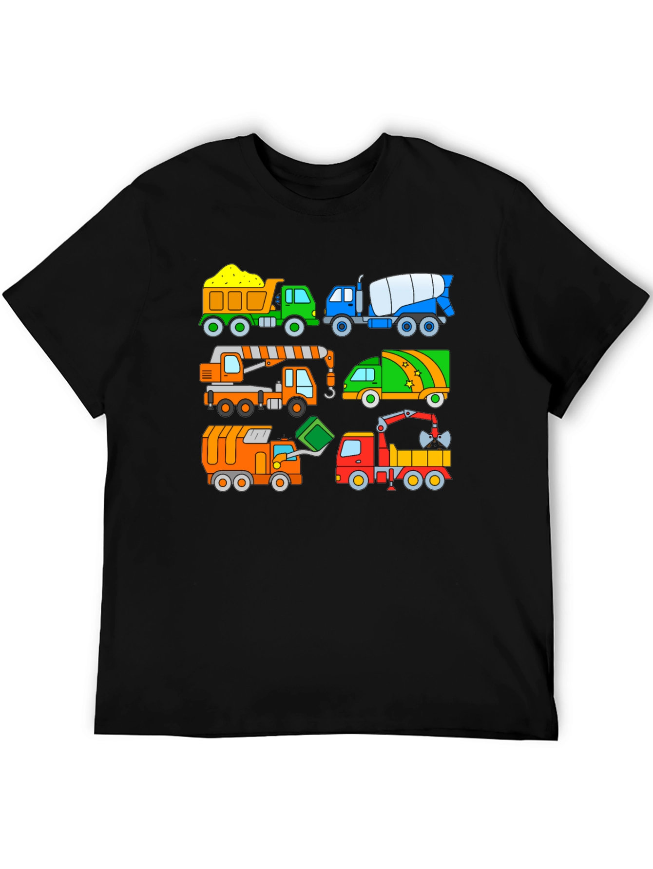 Cartoon Construction Trucks Black T-Shirt