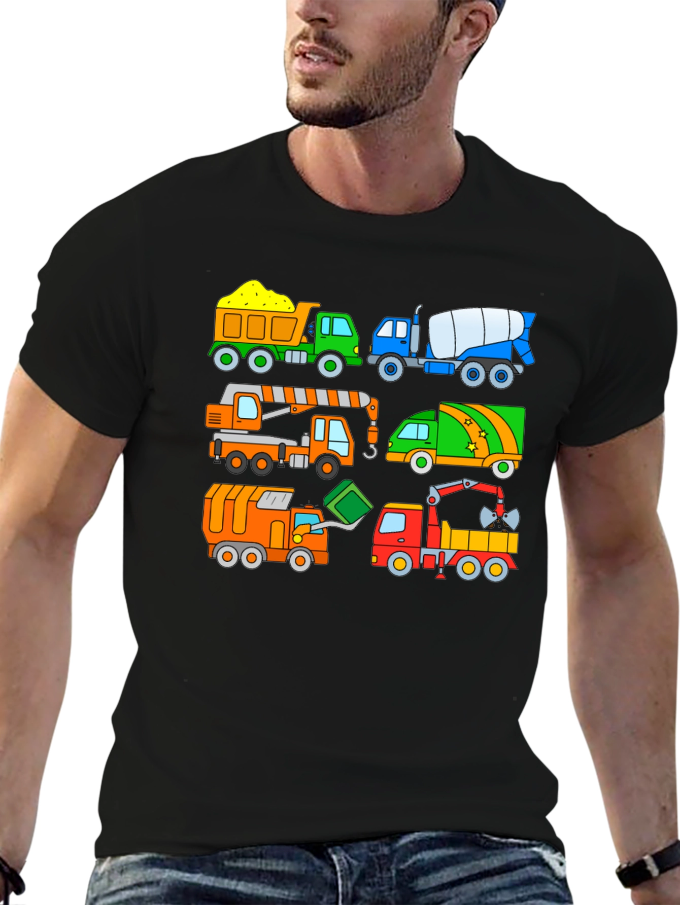 Cartoon Construction Trucks Black T-Shirt