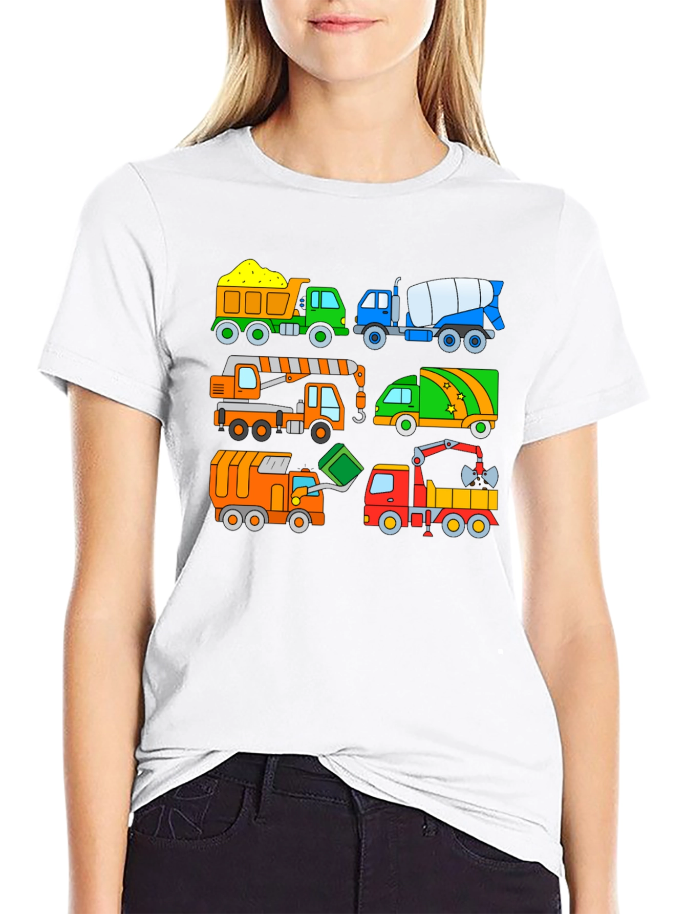 Cartoon Construction Trucks Black T-Shirt