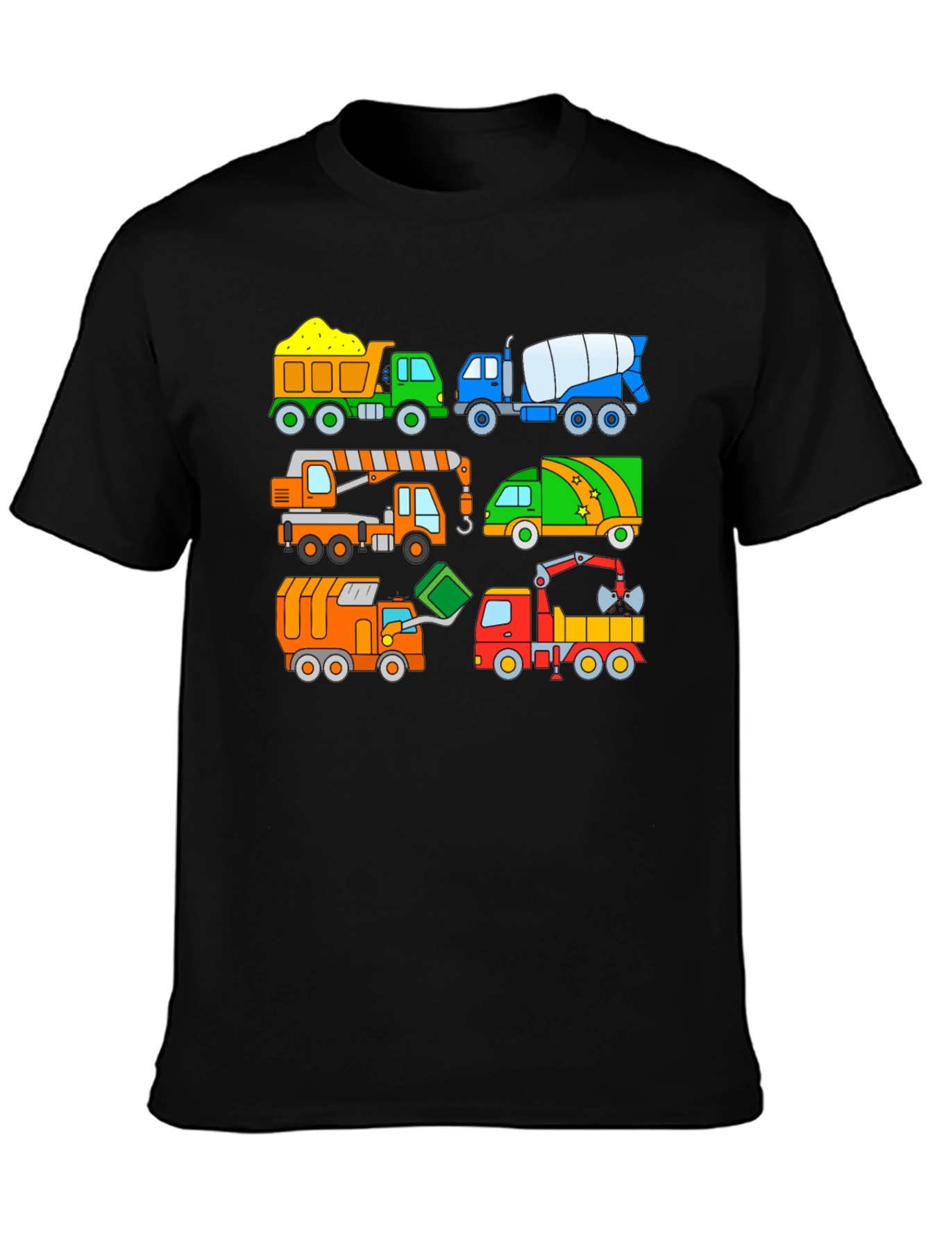 Cartoon Construction Trucks Black T-Shirt