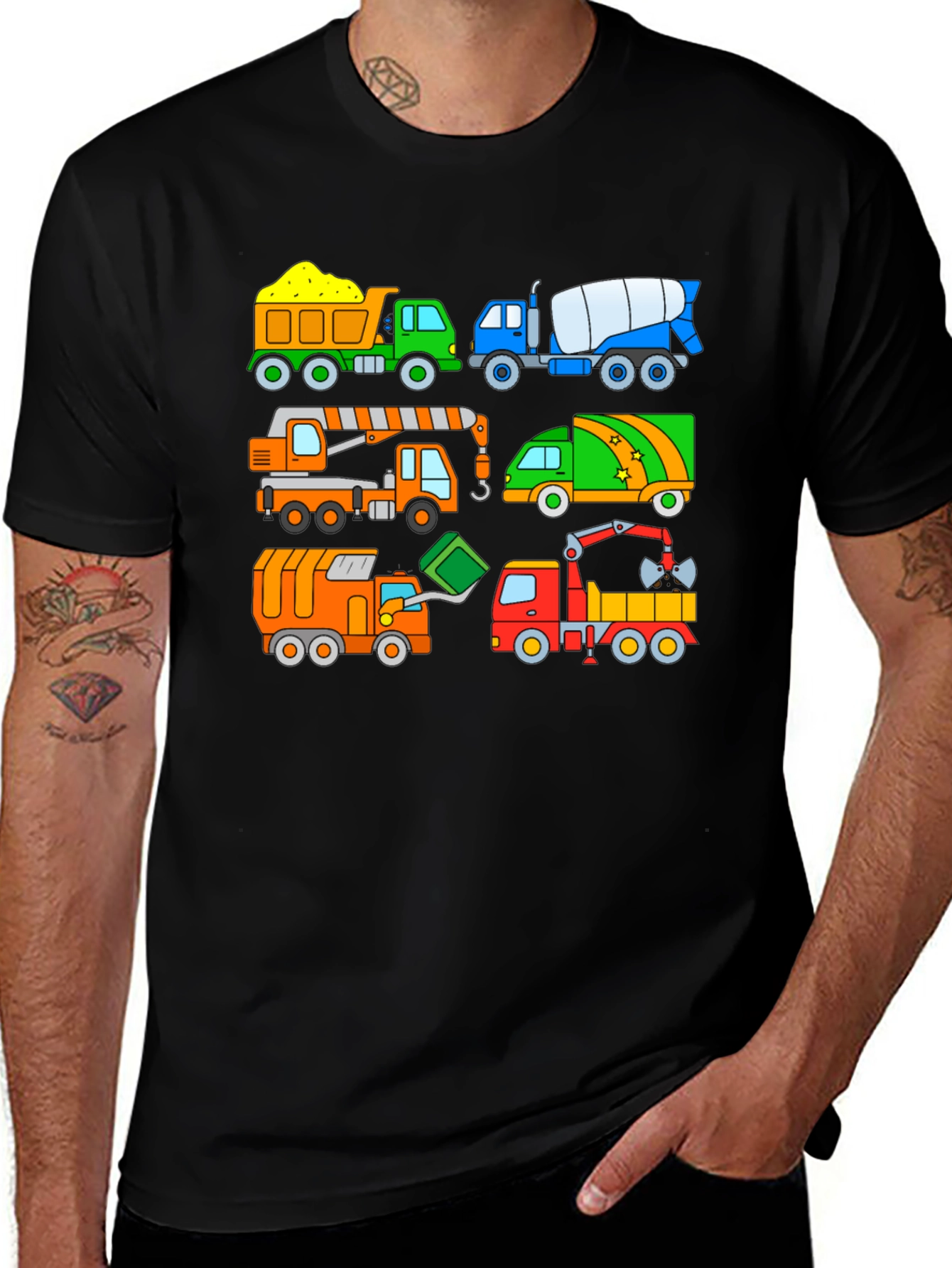 Cartoon Construction Trucks Black T-Shirt