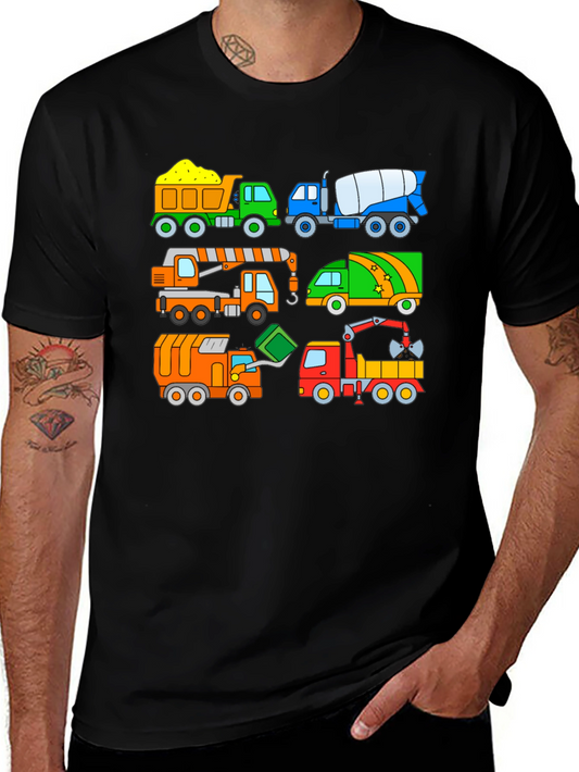 Cartoon Construction Trucks Black T-Shirt