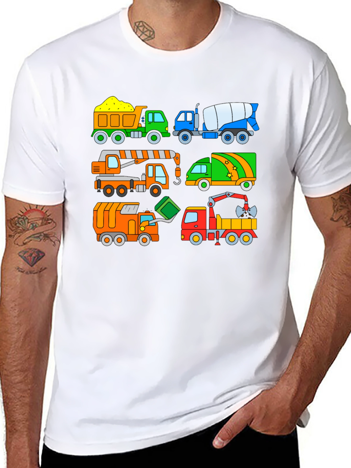 Cartoon Construction Trucks Black T-Shirt