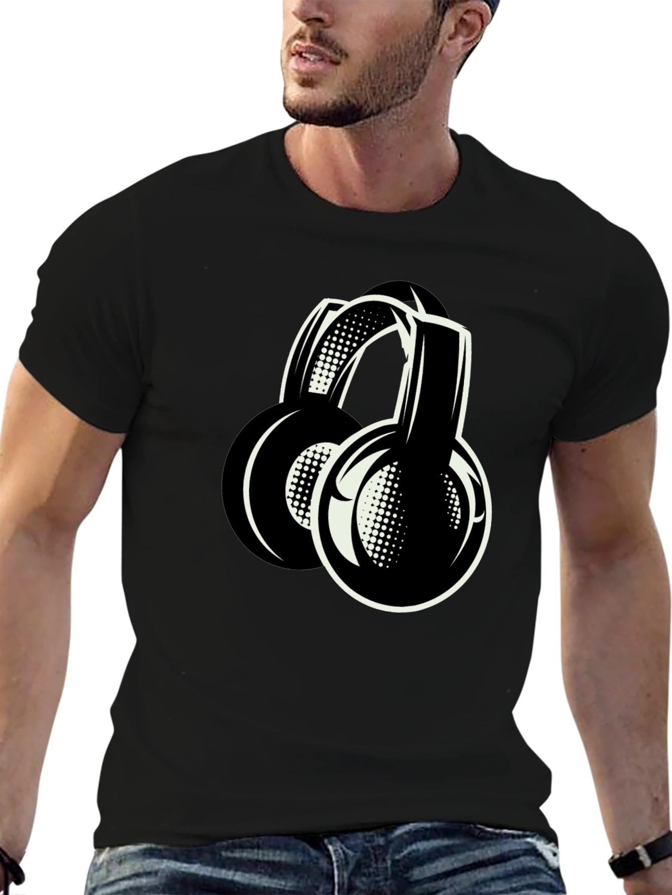 Stylish Black Headphones Graphic T-Shirt