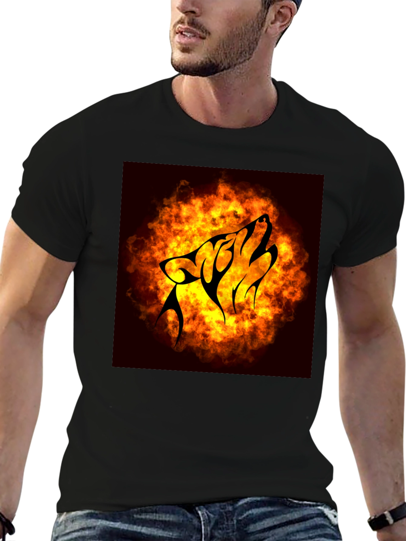 Fiery Wolf Graphic Tee - Black Cotton T-Shirt