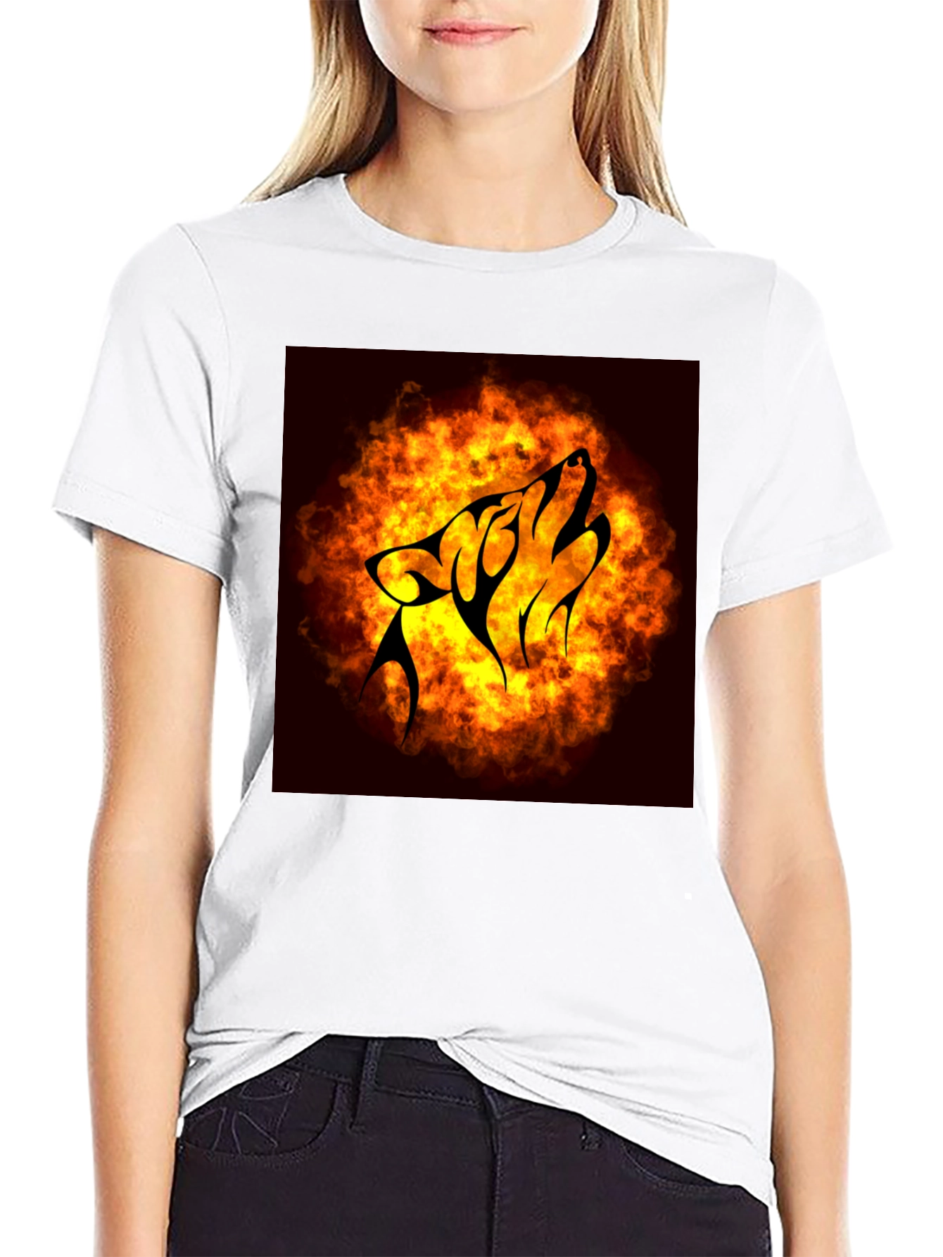 Fiery Wolf Graphic Tee - Black Cotton T-Shirt