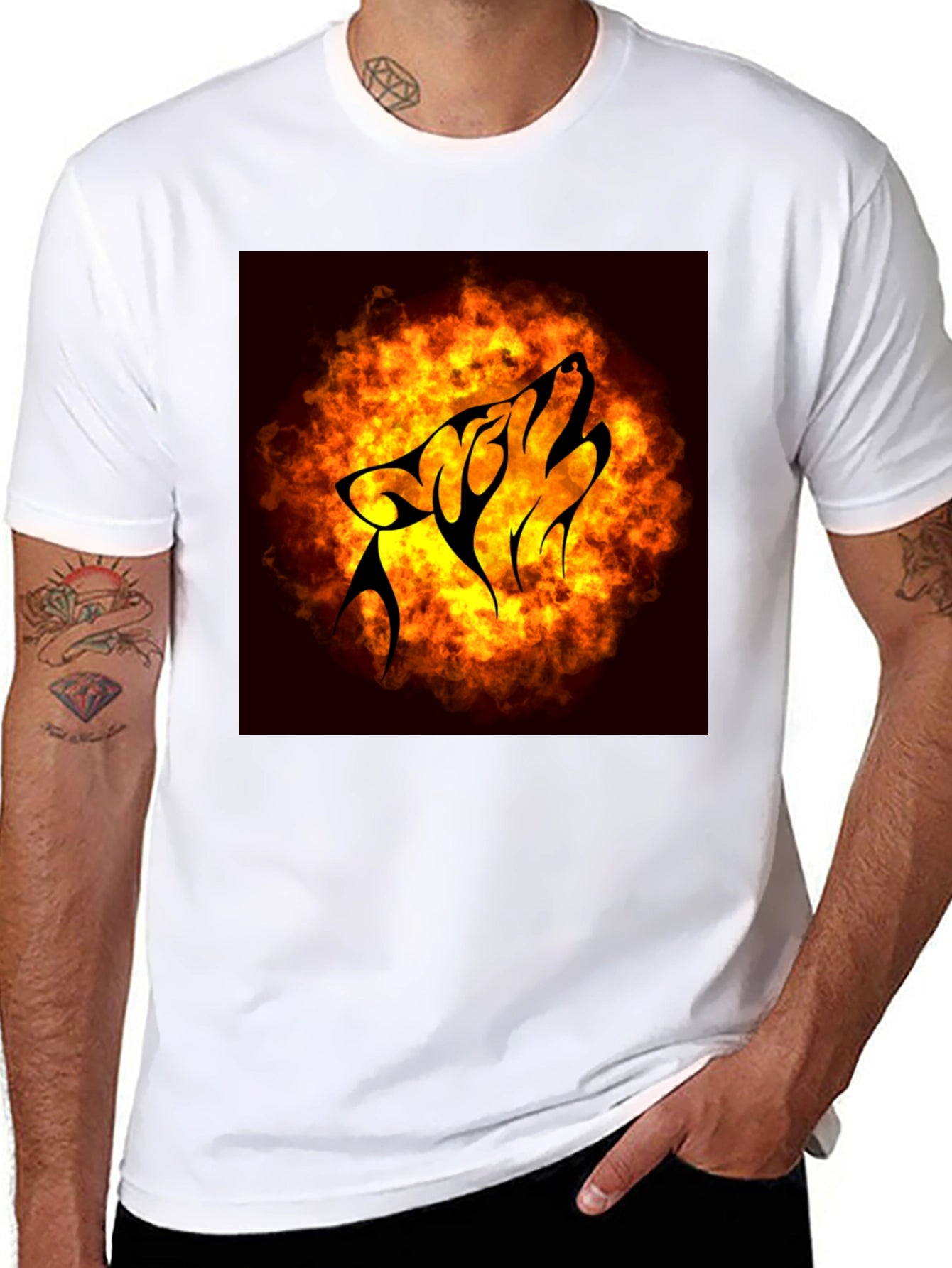 Fiery Wolf Graphic Tee - Black Cotton T-Shirt