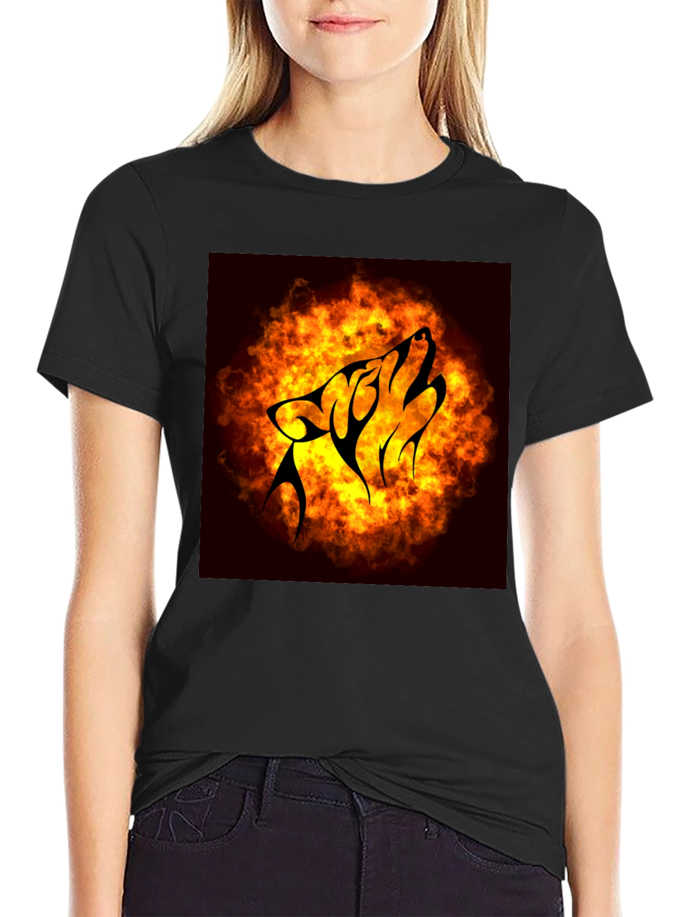 Fiery Wolf Graphic Tee - Black Cotton T-Shirt