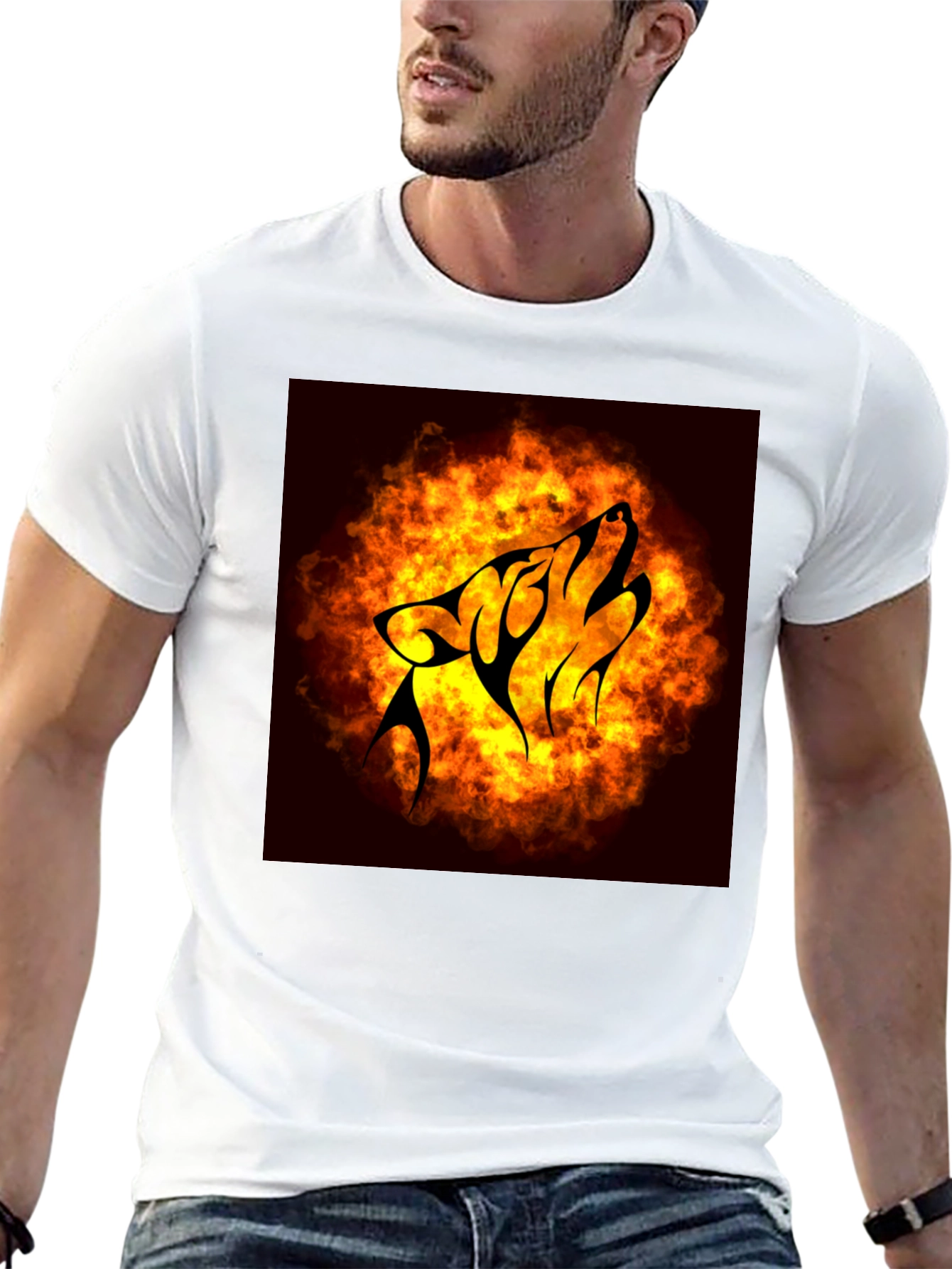 Fiery Wolf Graphic Tee - Black Cotton T-Shirt