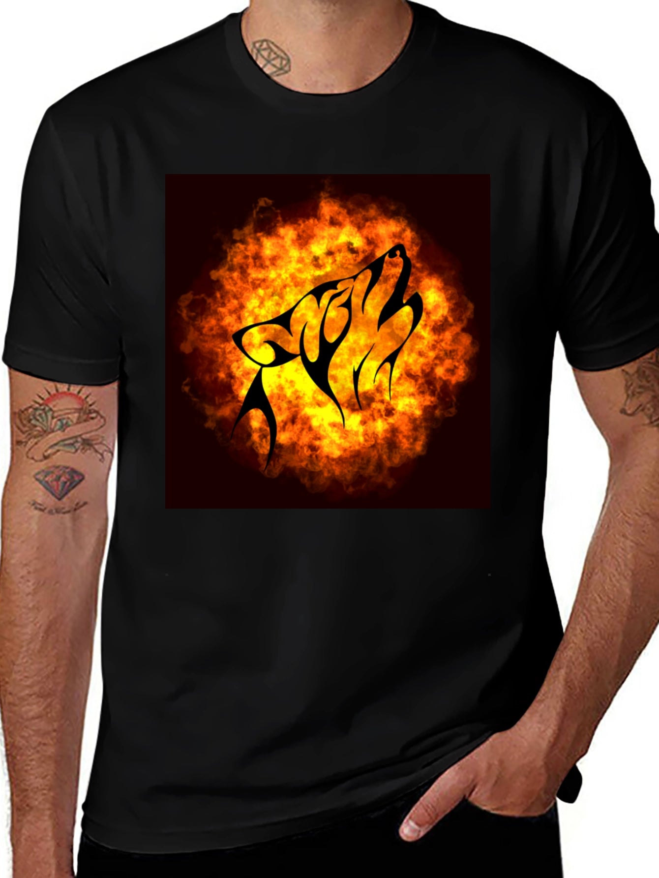 Fiery Wolf Graphic Tee - Black Cotton T-Shirt