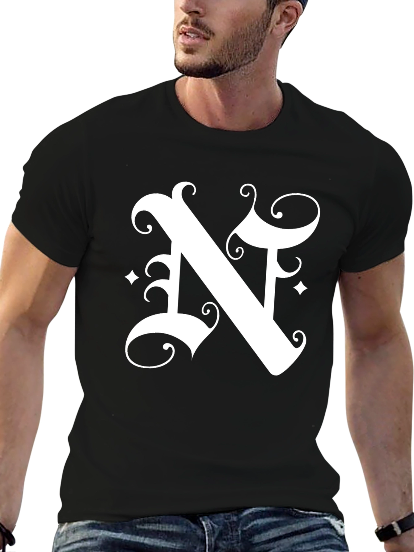 Letter N Graphic Tee - Black Cotton Blend Shirt