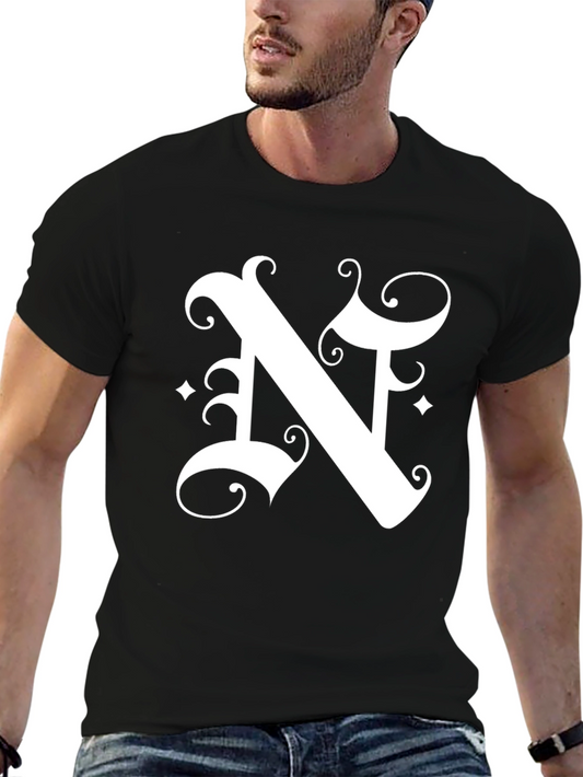 Letter N Graphic Tee - Black Cotton Blend Shirt