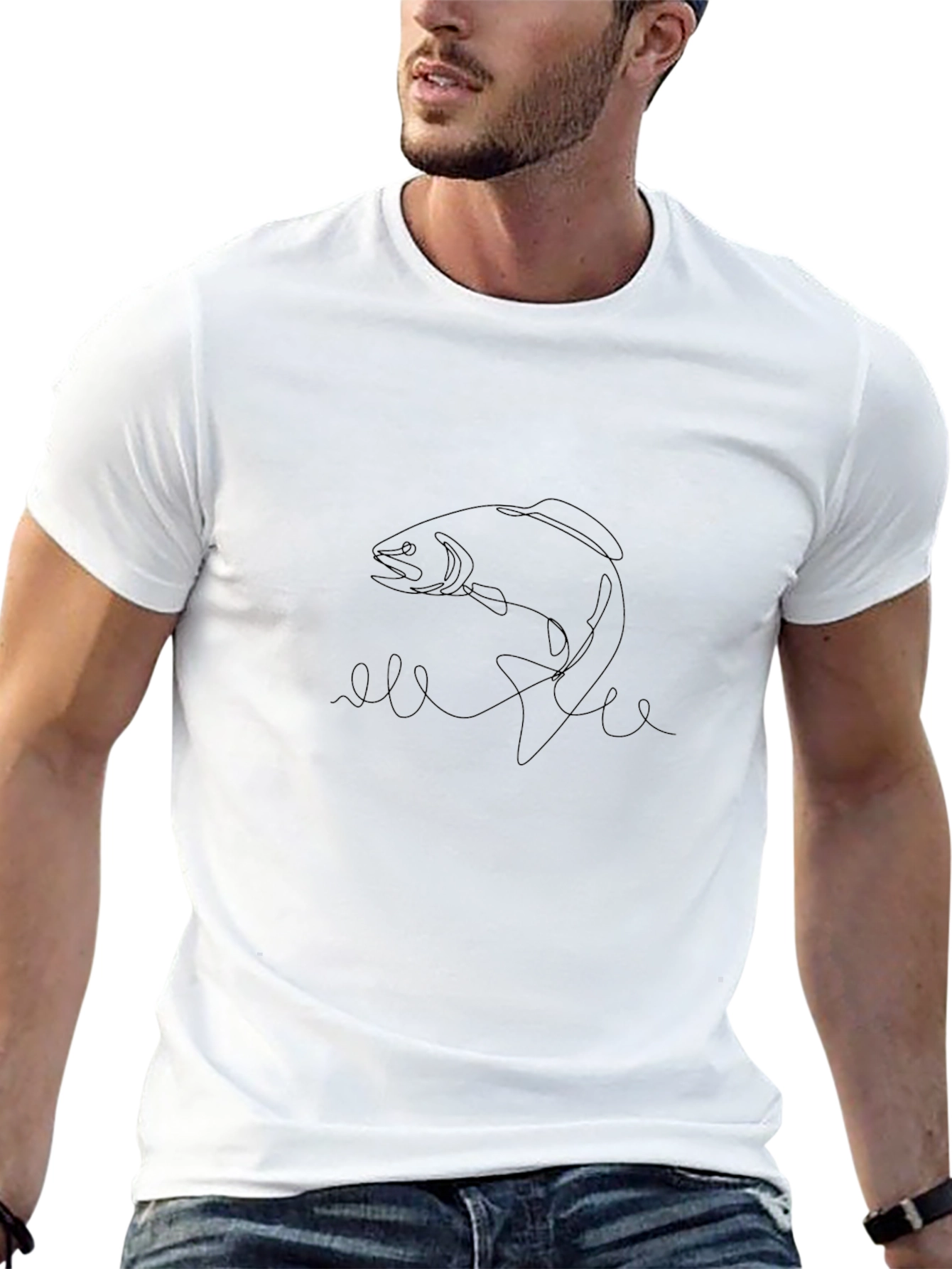 Minimalist Fish Line Art Black T-Shirt